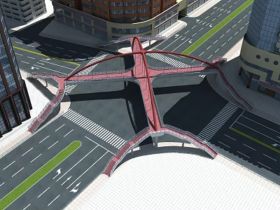 Red Modern Pedestrian Bridge With Unique Architectural Structure Over Urban Street 3d model