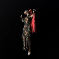 Elegant Floral Cheongsam Outfit with Red Cape Purple Fan and High Heels