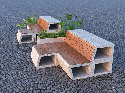 Outdoor Garden Decorative Seating with Concrete Block Structure Wooden Seats Planters and Green Plants 3d model