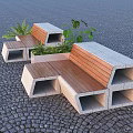 Outdoor Garden Decorative Seating with Concrete Block Structure Wooden Seats Planters and Green Plants