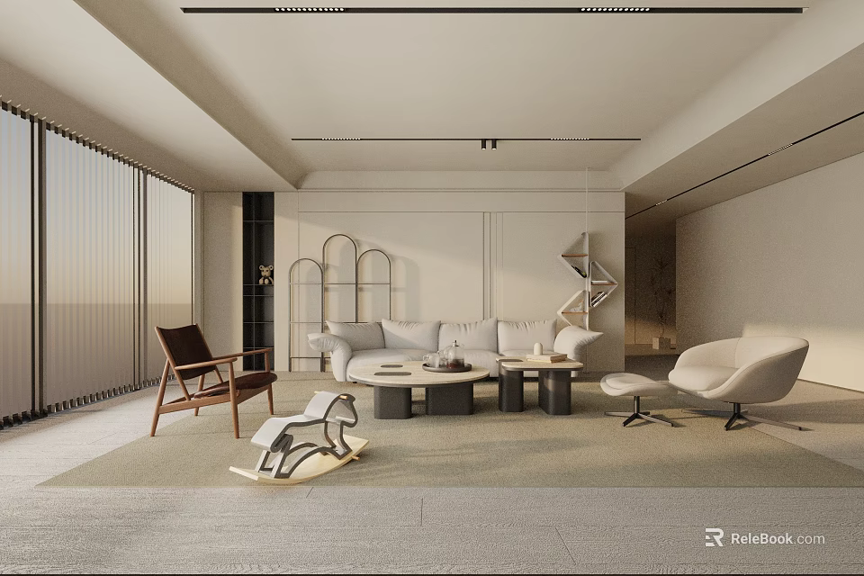Modern Living Room Interior Design With Sofa Chairs Coffee Tables And Floor to Ceiling Windows 3d model 