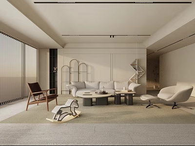 Modern Living Room Interior Design With Sofa Chairs Coffee Tables And Floor to Ceiling Windows 3d model