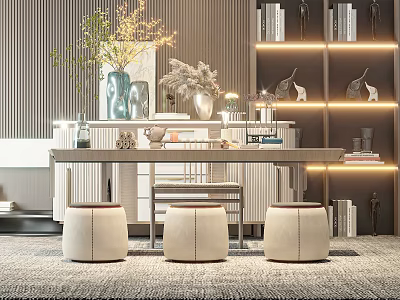 Modern Tea Room Interior Design With Table Stools Bookshelf Lighting And Decorative Vases 3d model