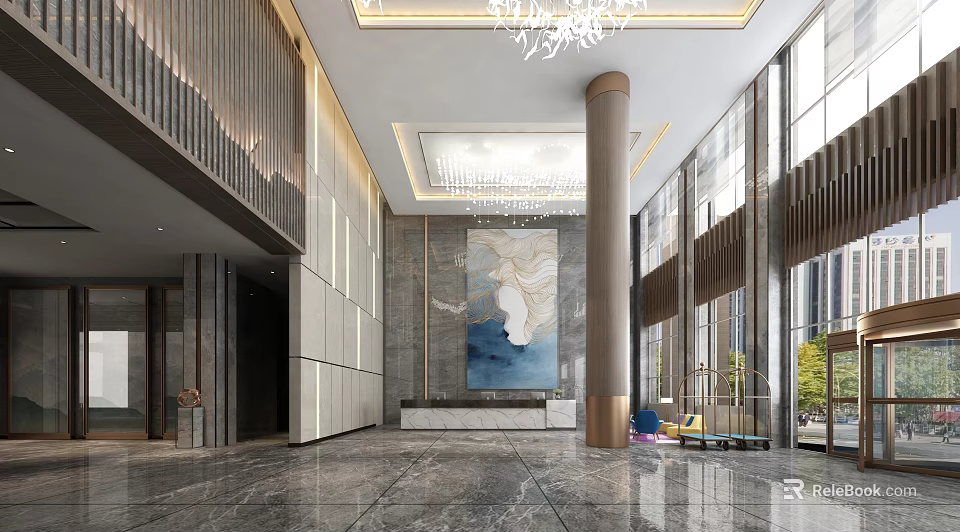 Luxurious Hotel Lobby Interior With Grand Chandelier Marble Floor And Art Mural 3d model 