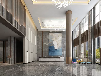Luxurious Hotel Lobby Interior With Grand Chandelier Marble Floor And Art Mural 3d model