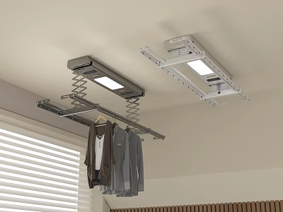 Ceiling Mounted Retractable Clothes Hanger With LED Light And Hanging Garments In Indoor Room 3d model