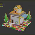 Cartoon Scene Featuring Colorful House Yellow Roof White Walls Green Trees And Small Horse