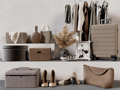 Neutral Tones Hanging Clothes Display With Handbags Shoes And Storage Boxes 3d model