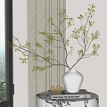 White Ceramic Vase with Green Branches and Small Leaves Placed on Magazines by Window Curtain
