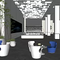 Modern Sales Office Interior With Coffee Tea Bar Sofas Large Windows And Green Plant