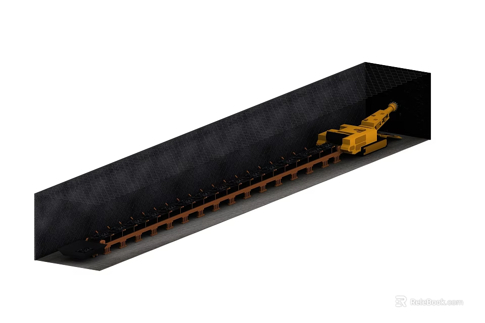 Long Industrial Tunnel With Rail Track And Yellow Construction Machinery 3d model 