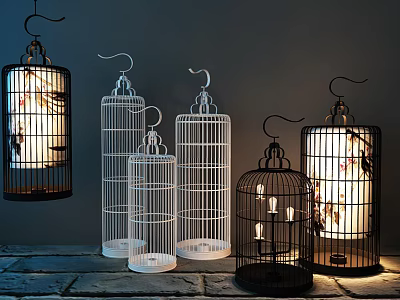 Black and White Lit Birdcage Decorative Ornament Set for Home Decoration 3d model