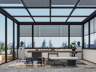 Villa Balcony With Glass Roof Roller Blinds Wooden Table Stools Bench And Green Trees View 3d model
