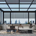 Villa Balcony With Glass Roof Roller Blinds Wooden Table Stools Bench And Green Trees View