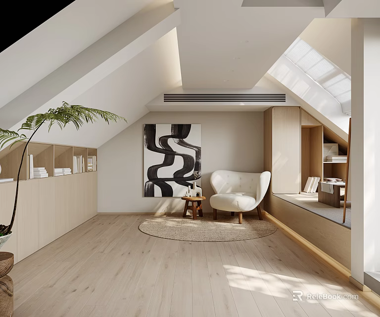 Attic Relaxation Area With Armchair Artwork Green Plant And Skylight 3d model 