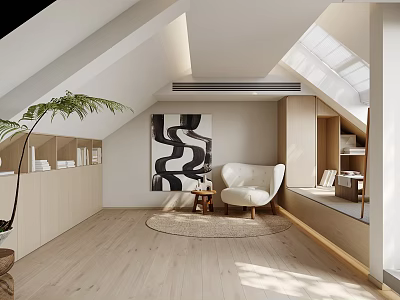 Attic Relaxation Area With Armchair Artwork Green Plant And Skylight 3d model