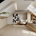 Attic Relaxation Area With Armchair Artwork Green Plant And Skylight