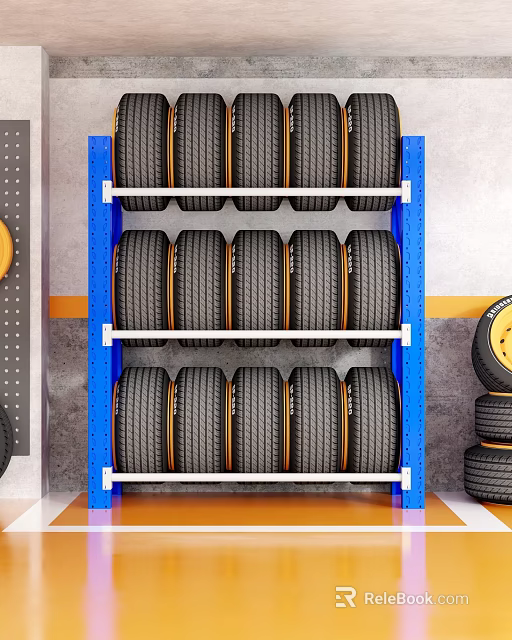 Blue Metal Storage Rack with Multiple Layers Neatly Storing Car Tires in Garage 3d model 