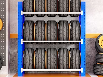 Blue Metal Storage Rack with Multiple Layers Neatly Storing Car Tires in Garage 3d model