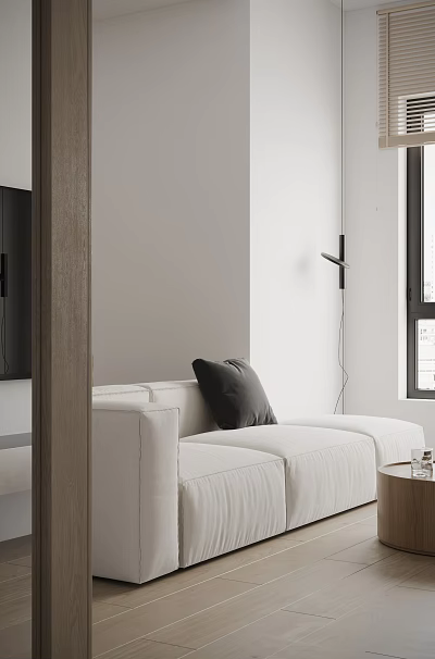 Minimalist Style White Three Seater Sofa With Gray Pillow Floor Lamp Wooden Partition And Window 3d model