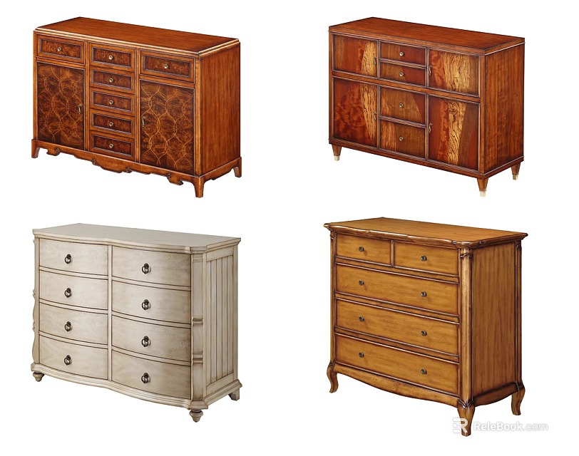 Various Style Wooden Console Side Cabinets With Drawers And Decorative Designs 3d model 