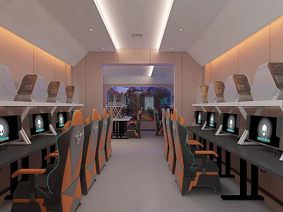 Modern Internet Cafe Interior With Row of Gaming Computers Comfortable Chairs and Bright Lighting 3d model