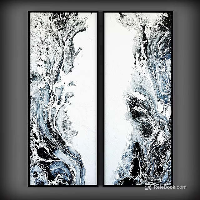 Modern Two Panel Frames With Abstract Black White Blue Swirl Art For Wall Decor 3d model 