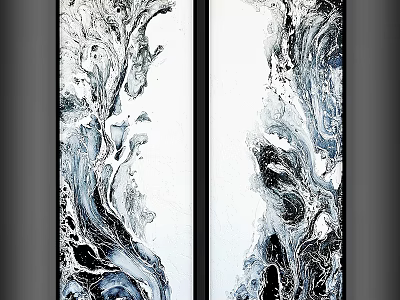Modern Two Panel Frames With Abstract Black White Blue Swirl Art For Wall Decor 3d model