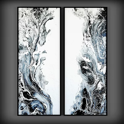 Modern Two Panel Frames With Abstract Black White Blue Swirl Art For Wall Decor 3d model