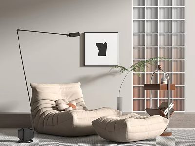 Beige Bean Bag Chair With Ottoman Floor Lamp Wall Art Bookshelf In Modern Living Room 3d model
