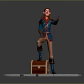 Game Movie Character In Blue Red Outfit Standing On Wooden Treasure Chest With Gray Blocks