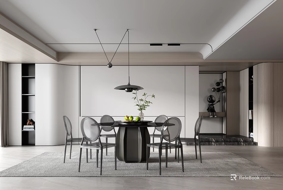 Modern Restaurant Interior With Stylish Dining Table Comfortable Chairs Pendant Light And Decorative Plants 3d model 