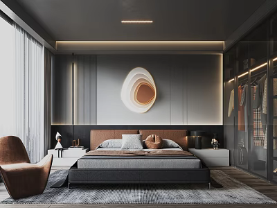 Elegant Modern Bedroom Interior With Comfortable Bed Nightstands Chair And Decorative Art 3d model
