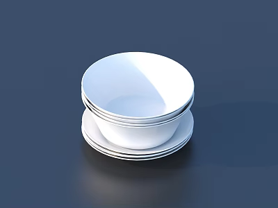 Household White Stacked Bowls And Plates On Dark Smooth Surface 3d model