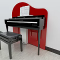Black Piano With Music Sheet And Black Bench On Light Wooden Floor Red Background