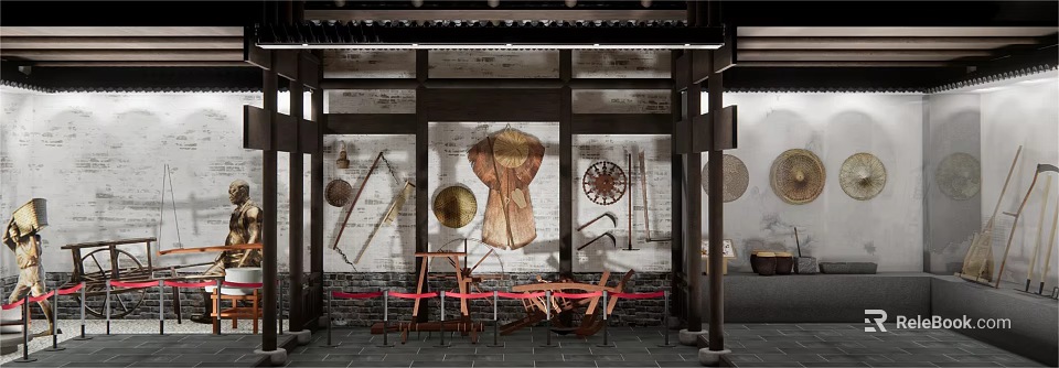 Traditional Farm Tools Exhibition In Ancient Architecture With Brick Wall And Wooden Frames 3d model 