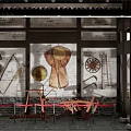 Traditional Farm Tools Exhibition In Ancient Architecture With Brick Wall And Wooden Frames