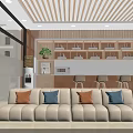 Modern Service Reception Area With Wooden Decor Sofa Bookshelves And Glass Windows