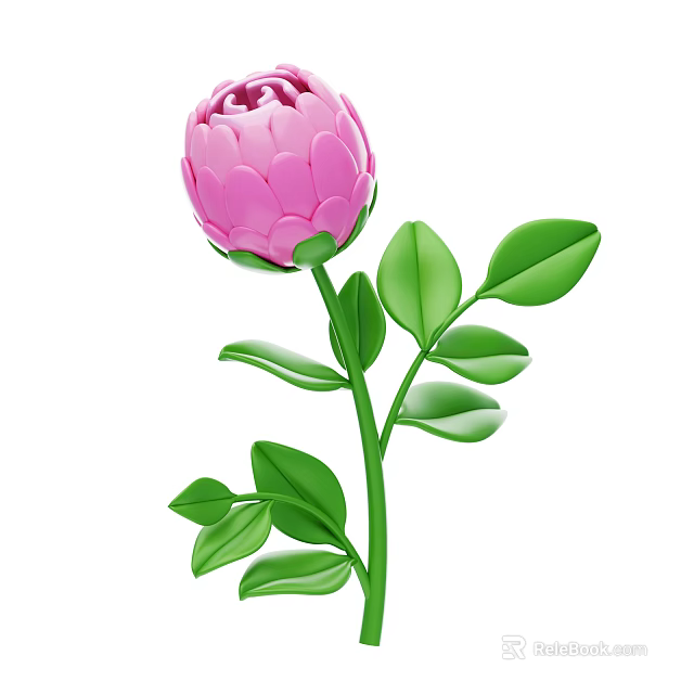 Vibrant Pink Flower Plant With Fresh Green Stem And Lush Leaves 3d model 