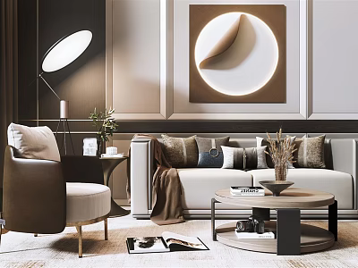 Modern Sofa and Coffee Table Set with Plush Pillows Throw Blanket Vase and Wall Art 3d model