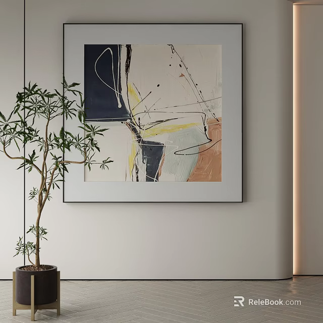 Abstract Painting Featuring Dynamic Lines and Vibrant Strokes on Wall with Potted Plant 3d model 