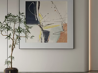 Abstract Painting Featuring Dynamic Lines and Vibrant Strokes on Wall with Potted Plant 3d model