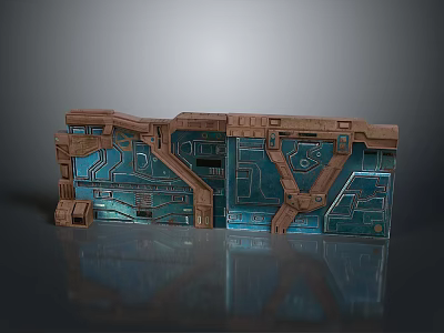 Futuristic Sci-Fi Gate With Mechanical Design Wooden Metallic Structure And Blue Glowing Lines 3d model