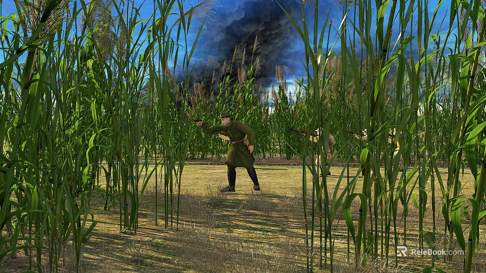 Lush Tall Reed Field Natural Scenery With Soldiers Marching Through Under Bright Blue Smoky Sky 3d model 