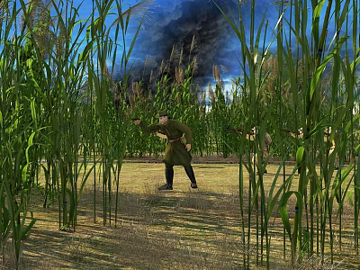 Lush Tall Reed Field Natural Scenery With Soldiers Marching Through Under Bright Blue Smoky Sky 3d model
