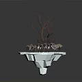 Floating Ice Platform With Leafless Tree And Group Of Reindeer On Dark Background