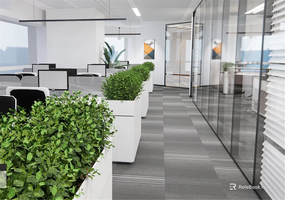 Modern Public Office Space Interior Design With Green Plants In White Planters And Glass Partitions 3d model 