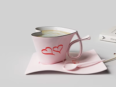Romantic Pink Heart Pattern Tableware Set with Cup Saucer and Spoon 3d model