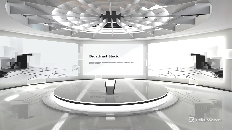 Modern Broadcast Studio Exhibition Hall With Round Stage Central Podium And Large Screen Backdrop 3d model 