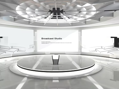 Modern Broadcast Studio Exhibition Hall With Round Stage Central Podium And Large Screen Backdrop 3d model